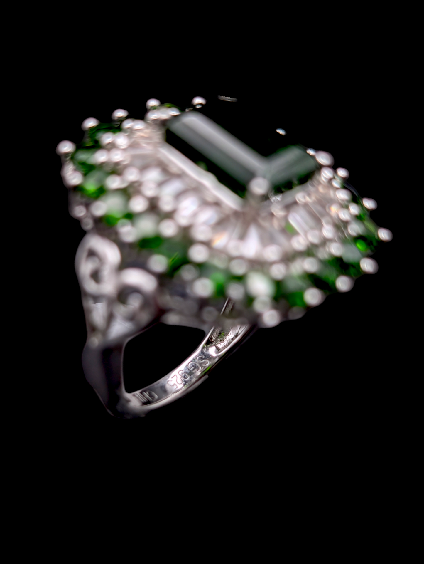 Vintage Art Deco Inspired Emerald Cut Genuine Chrome Diopside, Peridot and White Topaz Baguette Staggered Starburst Halo Sterling Silver Ring