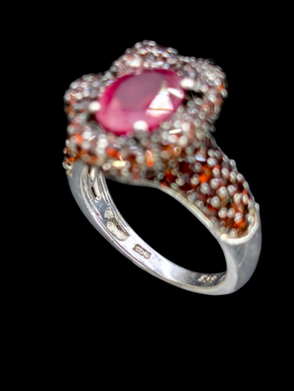 Vintage Earth Mined Genuine Ruby Solitaire and Spessartite Garnet Clustered Flower Mount Rhodium over Sterling Silver Ring