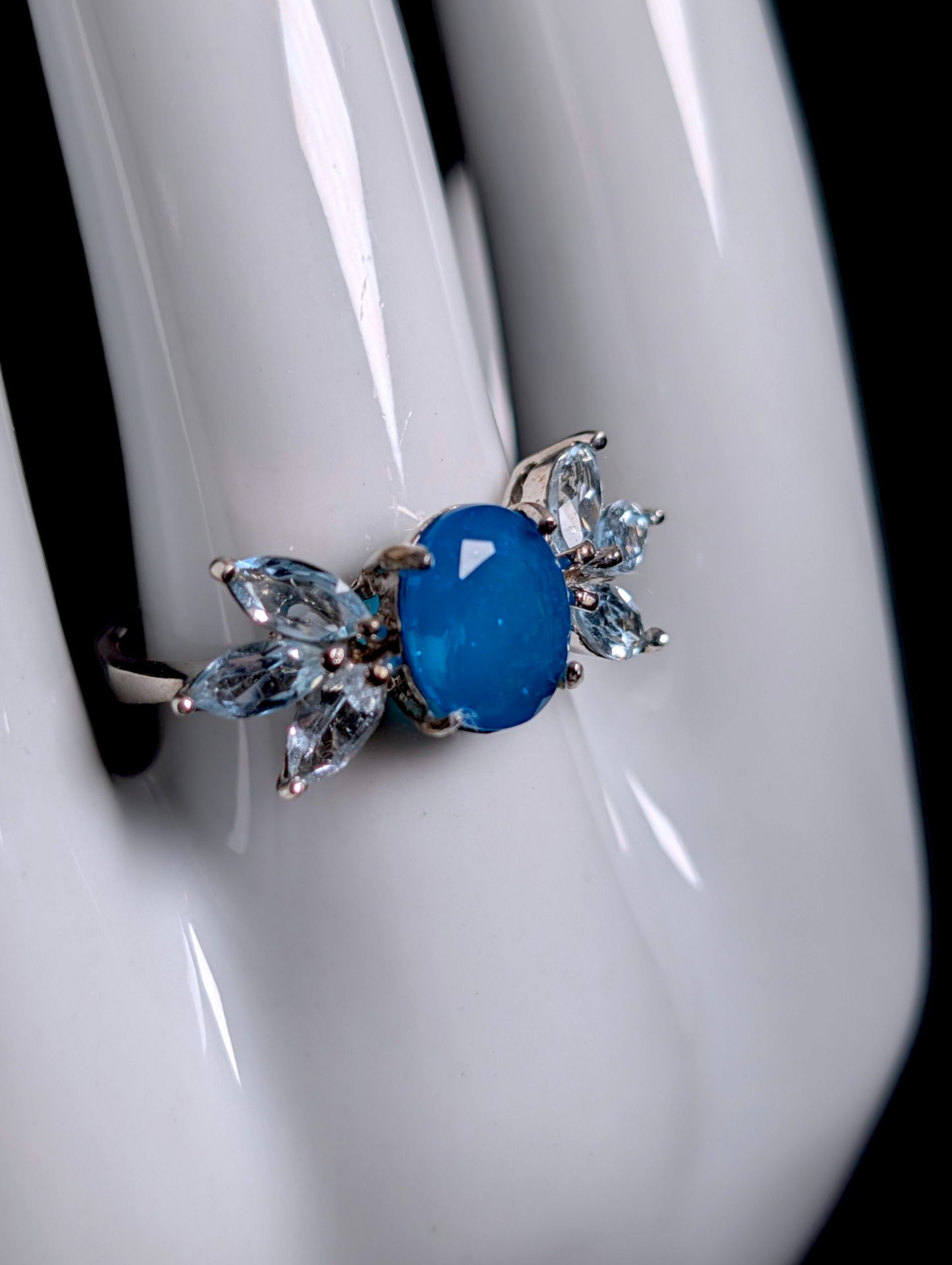 Vintage Oval Cut Genuine Blue Opal Solitaire with Sky Blue Topaz Wing Accent Stones Sterling Silver Ring