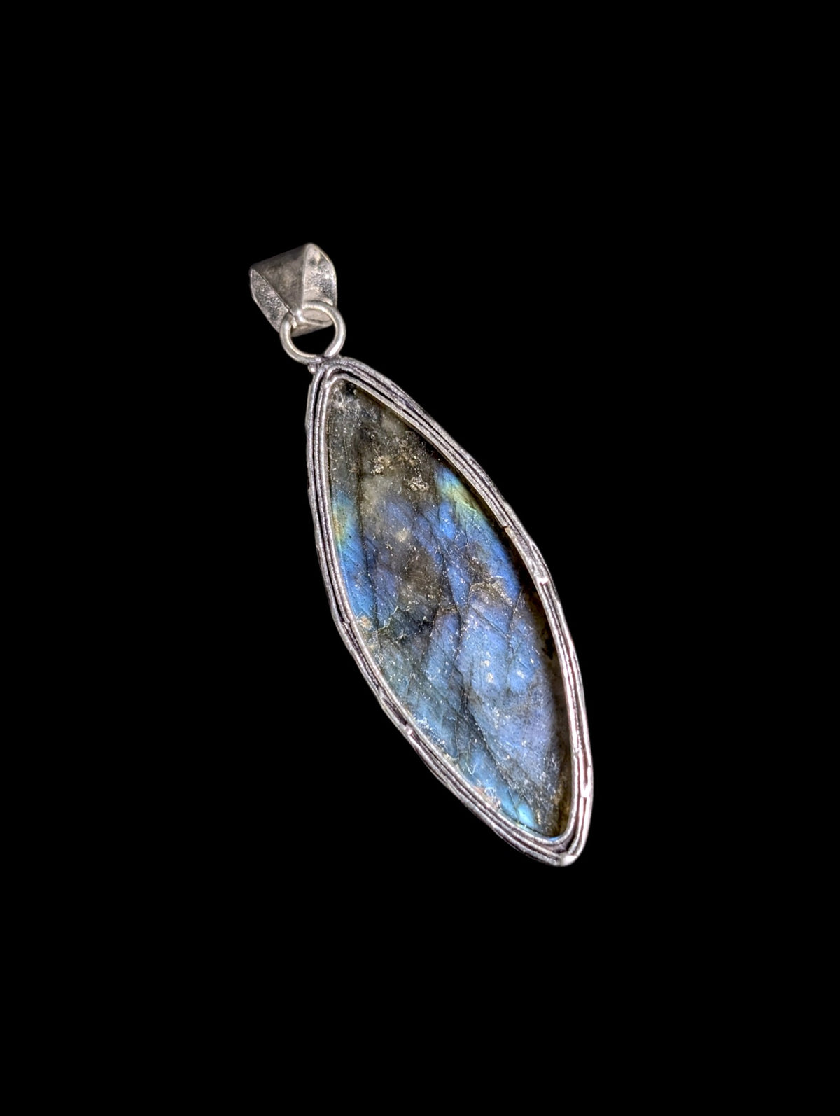 Vintage Large Genuine Blue Fire Labradorite Marquise Solitaire Sterling Silver Pendant