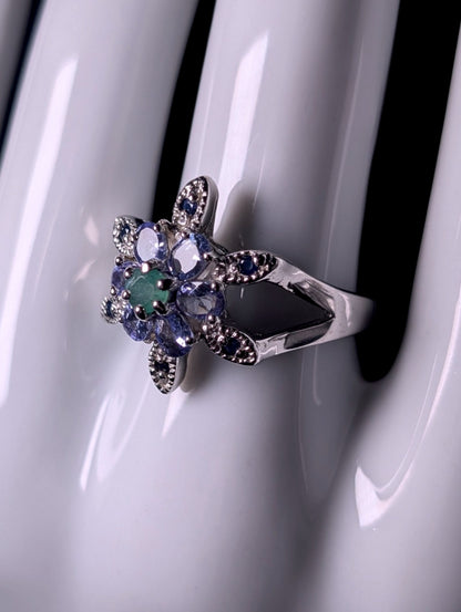 Vintage Genuine Emerald, Tanzanite and Sapphire Cluster Starburst Sterling Silver Ring