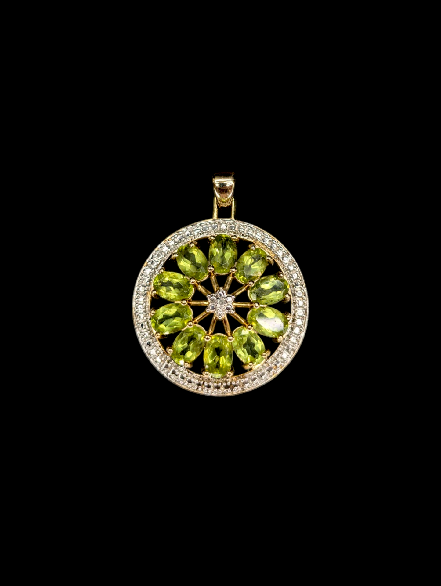 Vintage Genuine Peridot and Diamond 14k Gold Vermeil Round Pendant