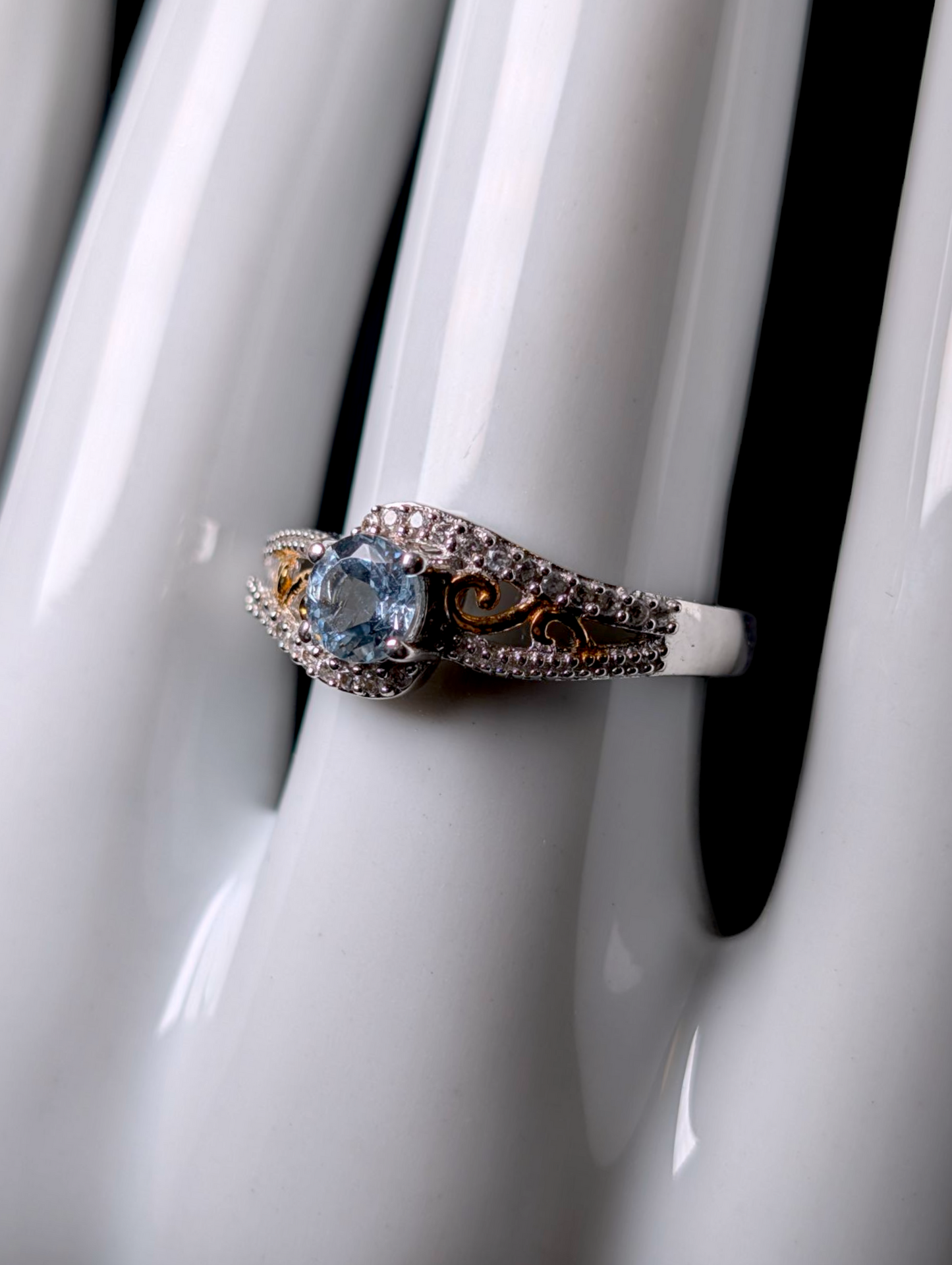 Vintage Inspired Enchanting Genuine Aquamarine Solitaire with White Zircon Accent Stones and 14k Gold Filigree Sterling Silver Ring