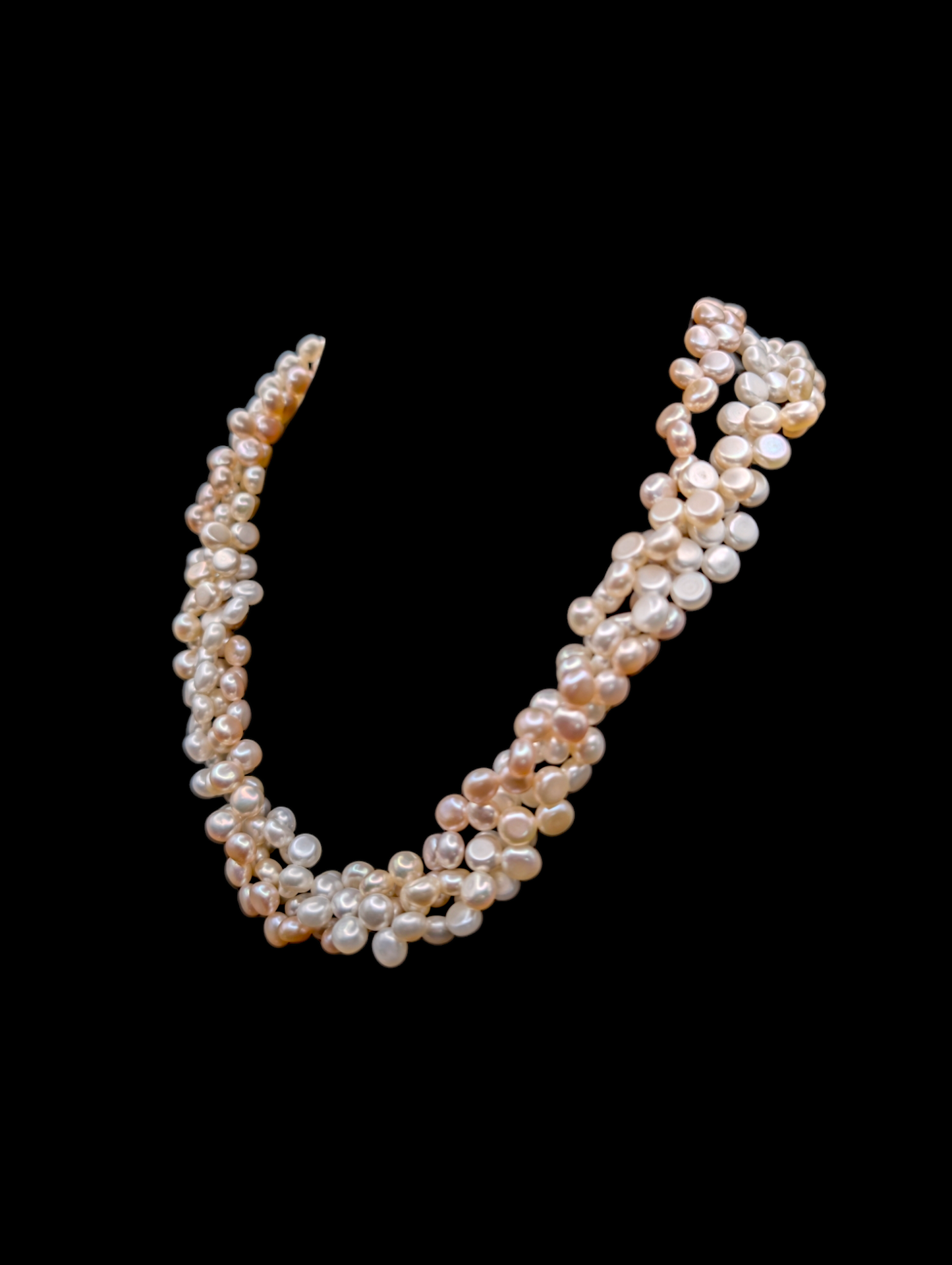 Vintage 3 Strand Ombre Coin Genuine Freshwater Pearl Necklace in White, Peach and Pink