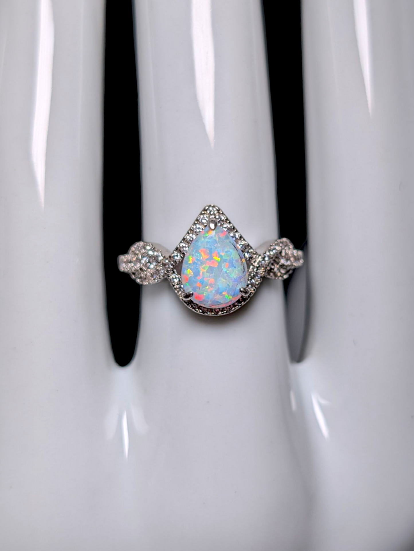 Vintage Inspired Teardrop Cut Simulated Opal and Diamond Silver Toned Ring