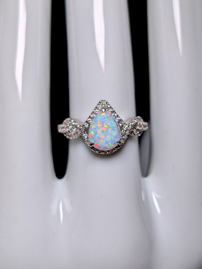 Vintage Inspired Teardrop Cut Simulated Opal and Diamond Silver Toned Ring