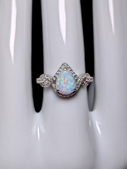 Vintage Inspired Teardrop Cut Simulated Opal and Diamond Silver Toned Ring