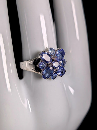 Vintage Starburst Genuine Tanzanite Cluster Flower Sterling Silver Ring