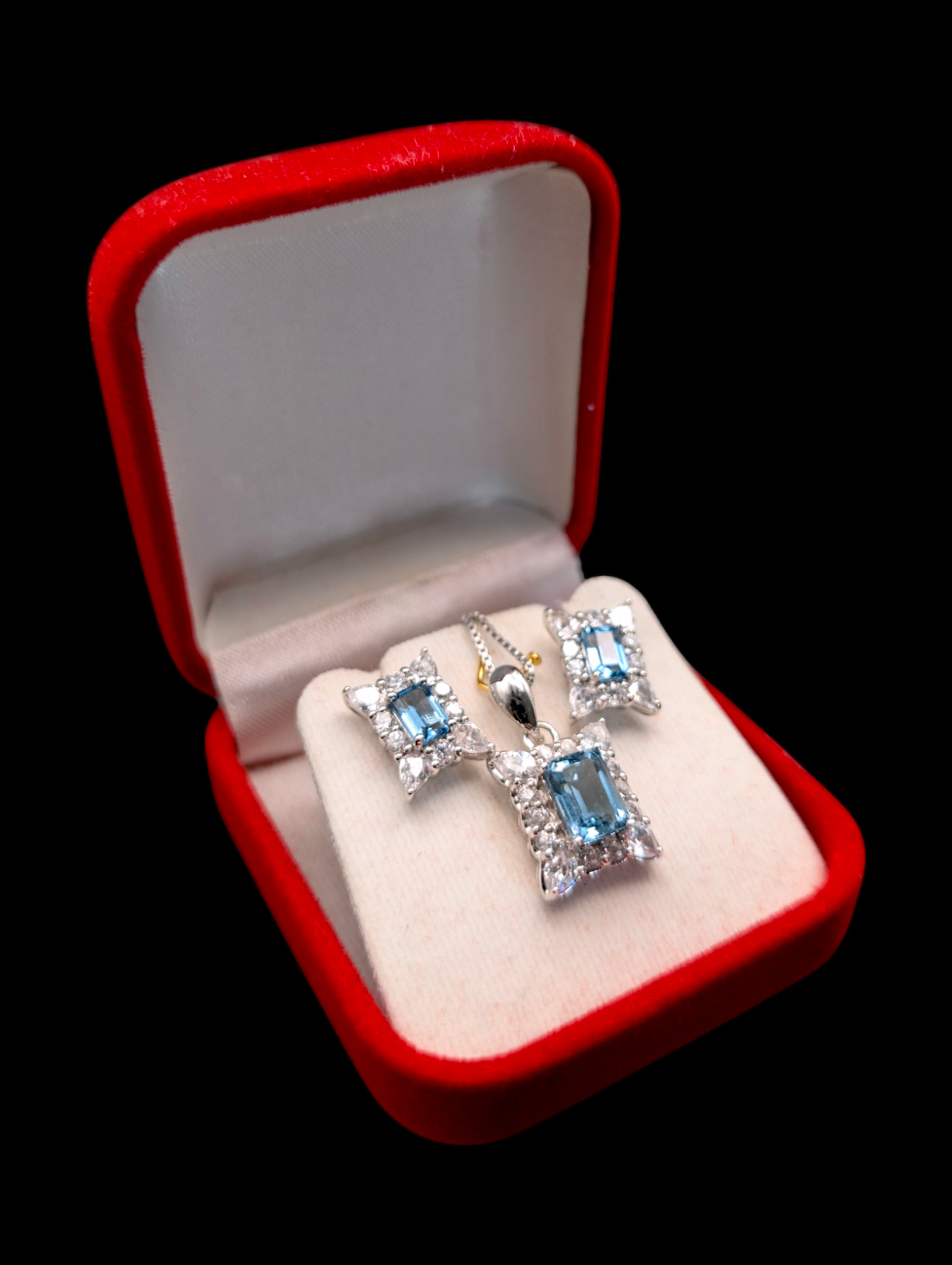 Vintage Genuine Sky Blue Topaz and Simulated Diamond Sterling Silver Necklace and Earrings Set in Original Box