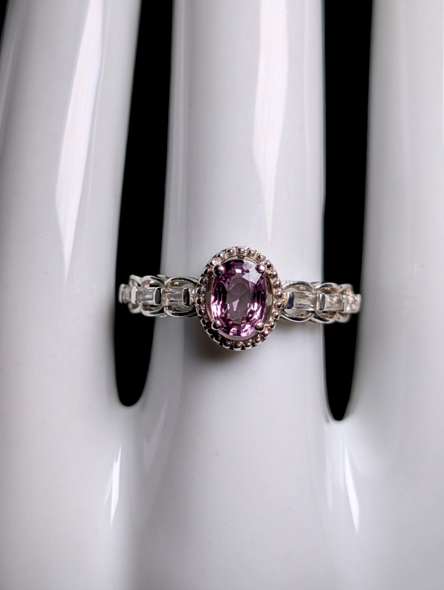 Vintage Elegant Oval Solitaire Genuine Pink Sapphire with White Topaz Accent Stones and Sterling Silver Studded Halo Ring