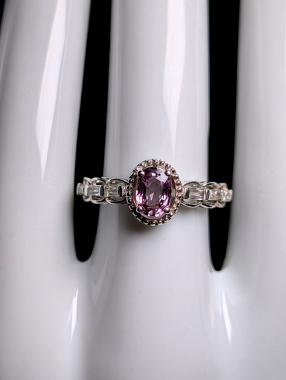 Vintage Elegant Oval Solitaire Genuine Pink Sapphire with White Topaz Accent Stones and Sterling Silver Studded Halo Ring
