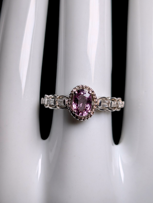 Vintage Elegant Oval Solitaire Genuine Pink Sapphire with White Topaz Accent Stones and Sterling Silver Studded Halo Ring
