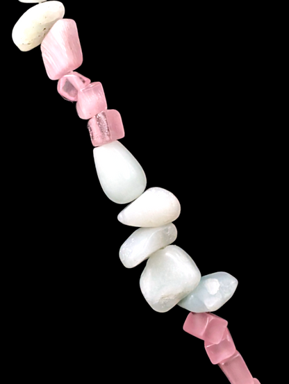 Vintage Mint, Peach, Pink and Cream Carved Semiprecious Gemstones Quartz Flower Necklace