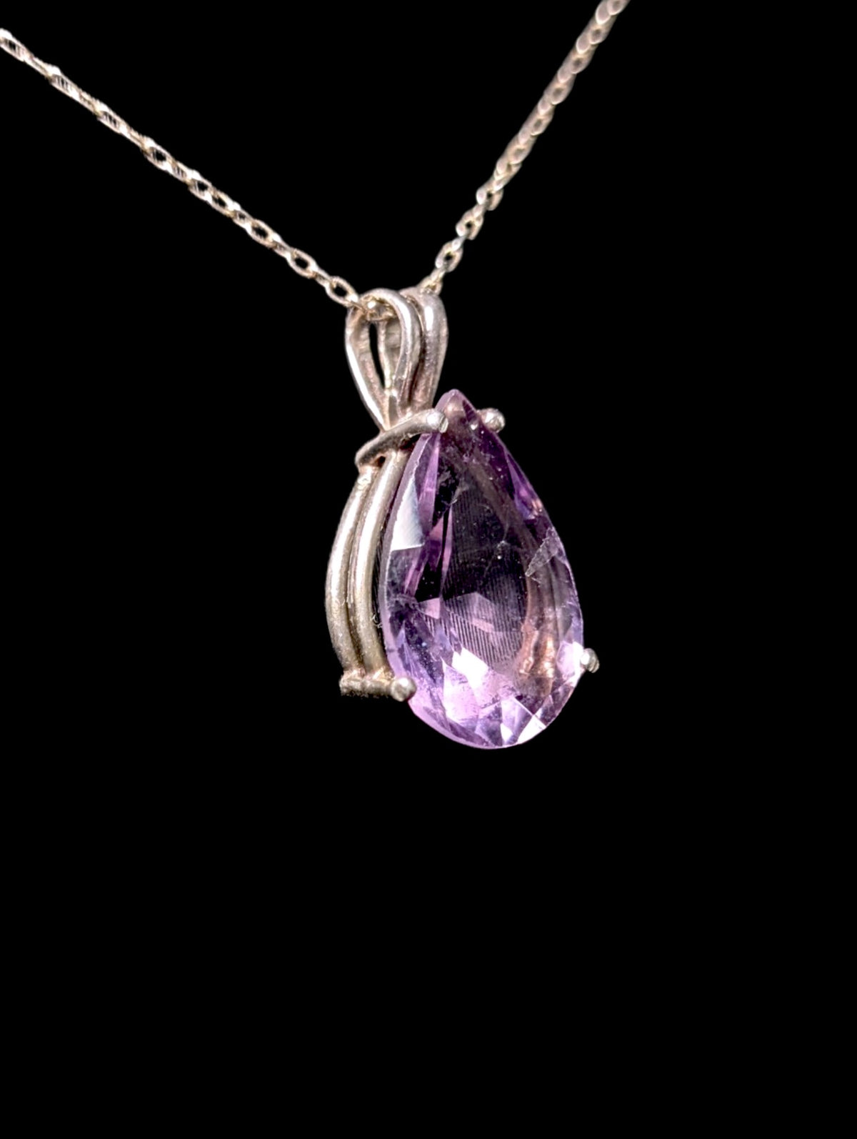 Vintage Large Pear Cut Genuine Purple Amethyst Sterling Silver Pendant
