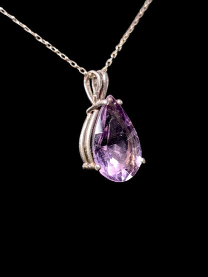 Vintage Large Pear Cut Genuine Purple Amethyst Sterling Silver Pendant