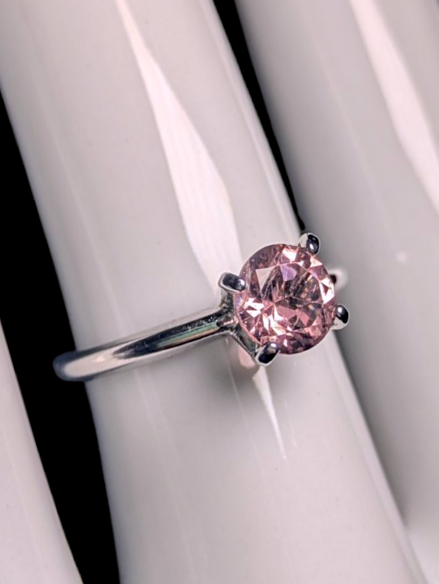 Vintage Esposito Round Brilliant Cut Simulated Pink Diamond Solitaire Dainty Sterling Silver Ring