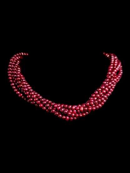 Vintage 3 Piece Set Genuine Cranberry Red Pearls Multi Strand 14k Gold Filled Necklace, Bracelet and Earrings Set