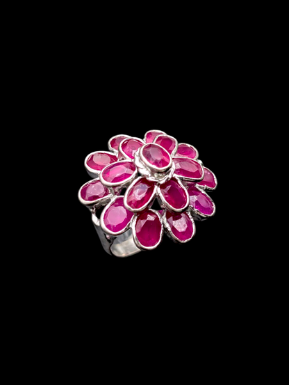 Vintage 11 Carat Bezel Set Earth Mined Genuine Ruby Cluster Ballerina 18k White Gold Plated Statement Ring