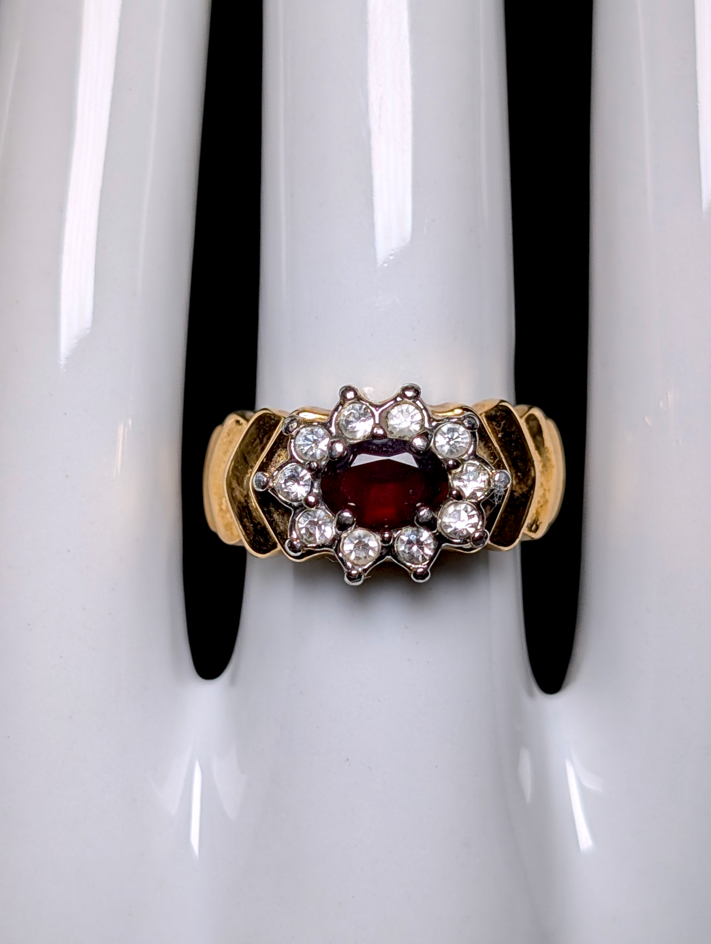 Vintage Genuine Red Garnet Solitaire with Simulated Diamond Halo Gold Toned Statement Ring