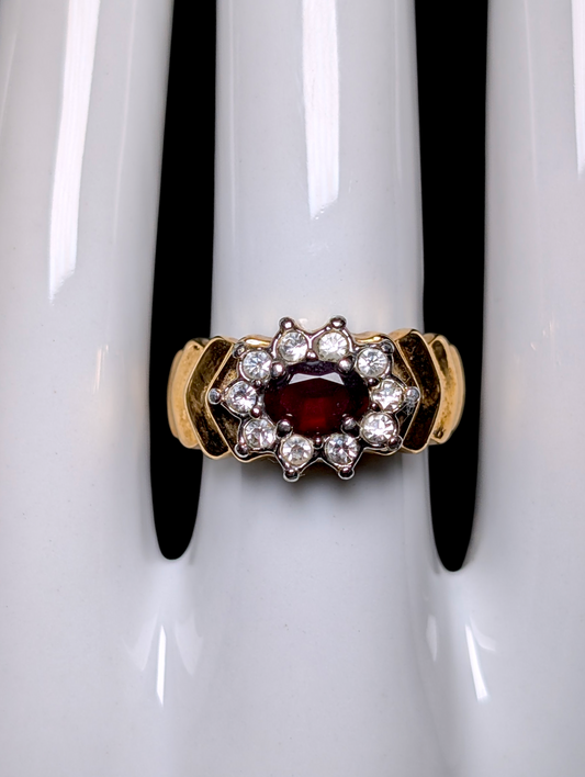 Vintage Genuine Red Garnet Solitaire with Simulated Diamond Halo Gold Toned Statement Ring