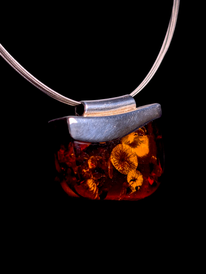 Vintage Modernist Genuine Baltic Amber Sterling Silver Poland Pendant with Necklace
