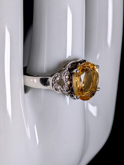 Vintage Large Oval Solitaire Genuine Citrine and Diamond Sterling Silver