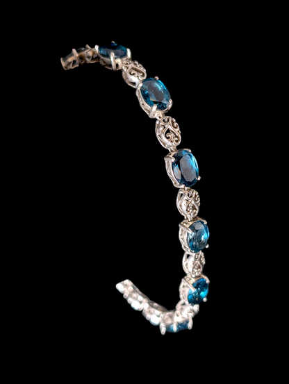 Vintage 8+ Carat Oval Cut Genuine London Blue Topaz Sterling Silver Tennis Bracelet