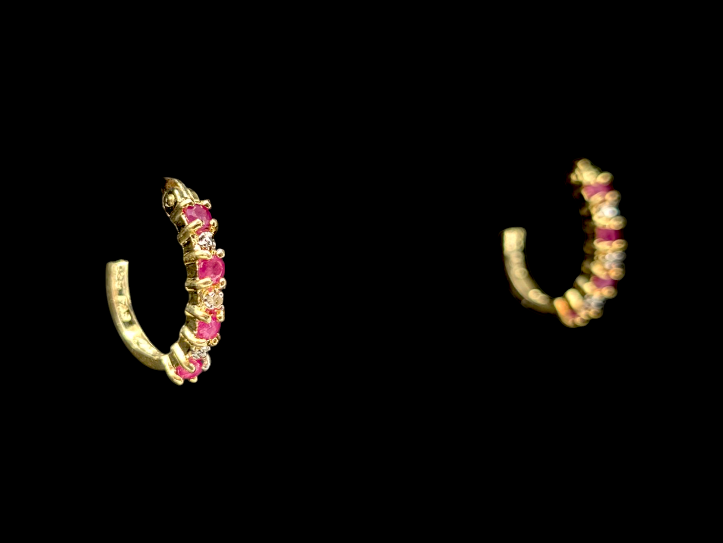 Vintage 14k Yellow Gold Vermeil Genuine Thai Ruby and Diamond Hoop Earrings