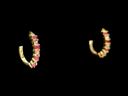 Vintage 14k Yellow Gold Vermeil Genuine Thai Ruby and Diamond Hoop Earrings