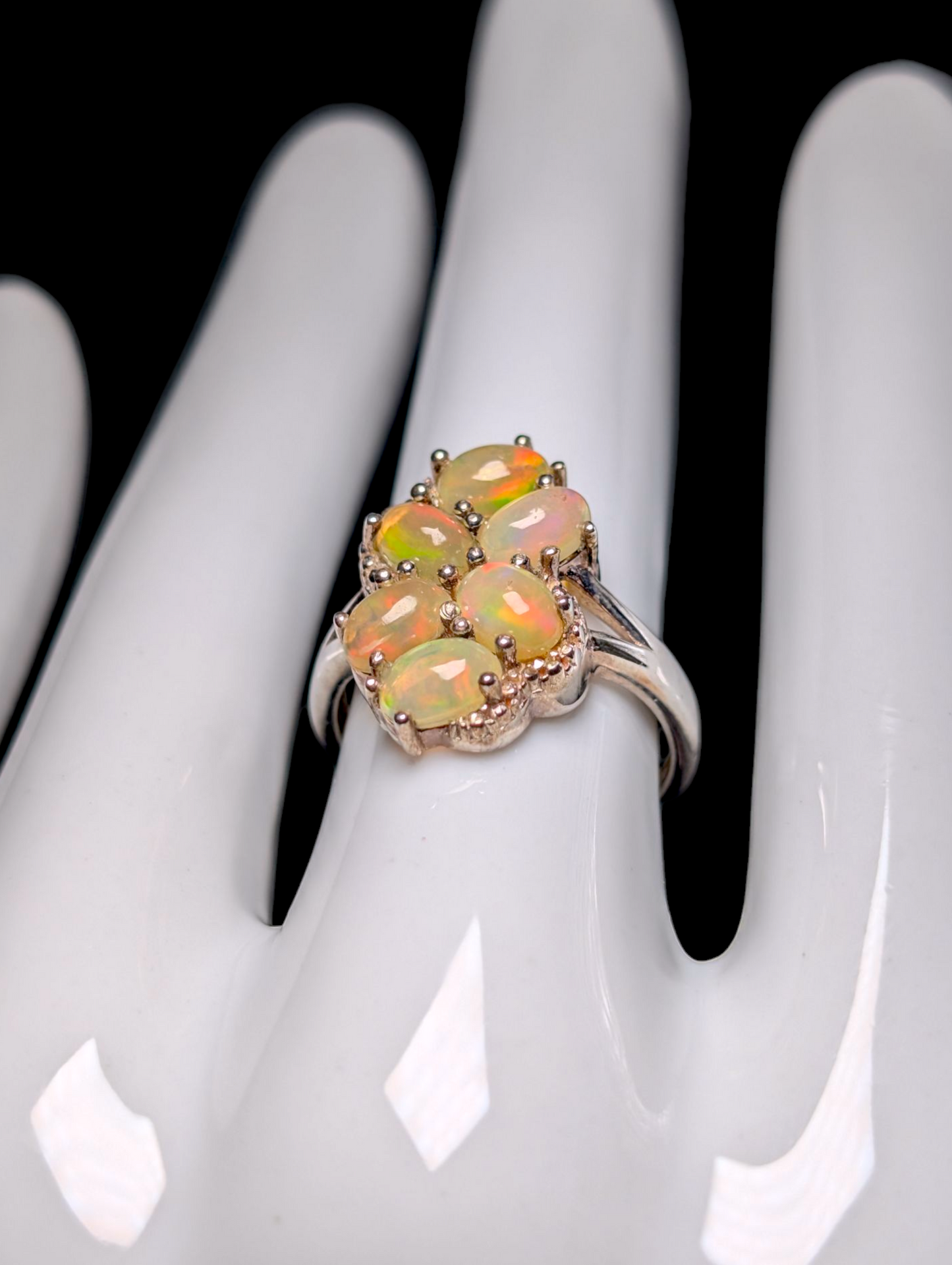 Vintage Cluster Genuine Ethiopian Opal Sterling Silver Statement Ring
