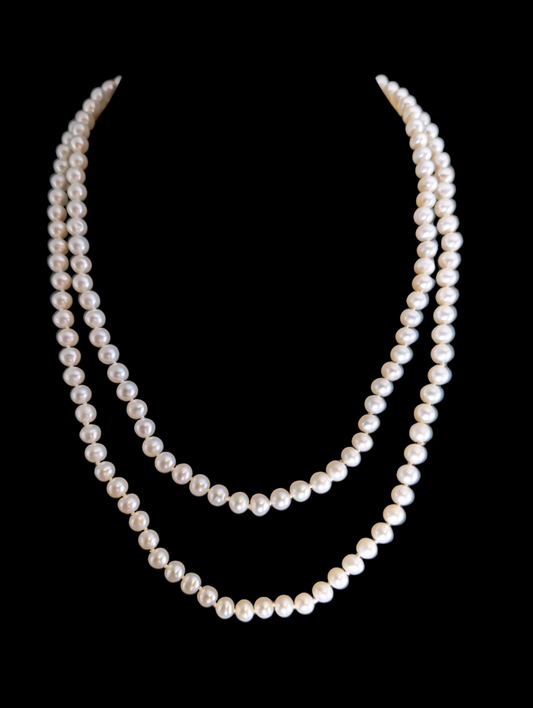 Vintage 35" Long White Hand Knotted Genuine Freshwater Pearl Round Shape Continuous Single Strand Necklace