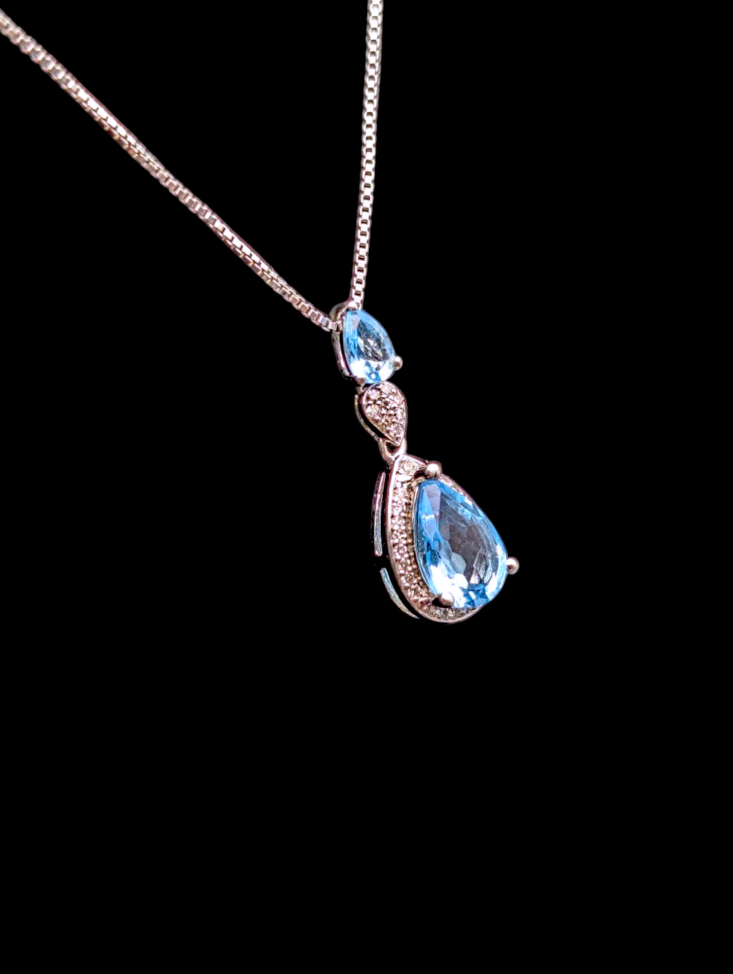Vintage Dazzling Pear Cut Genuine Swiss Blue Topaz and Diamond Halo Dangle Sterling Silver Pendant