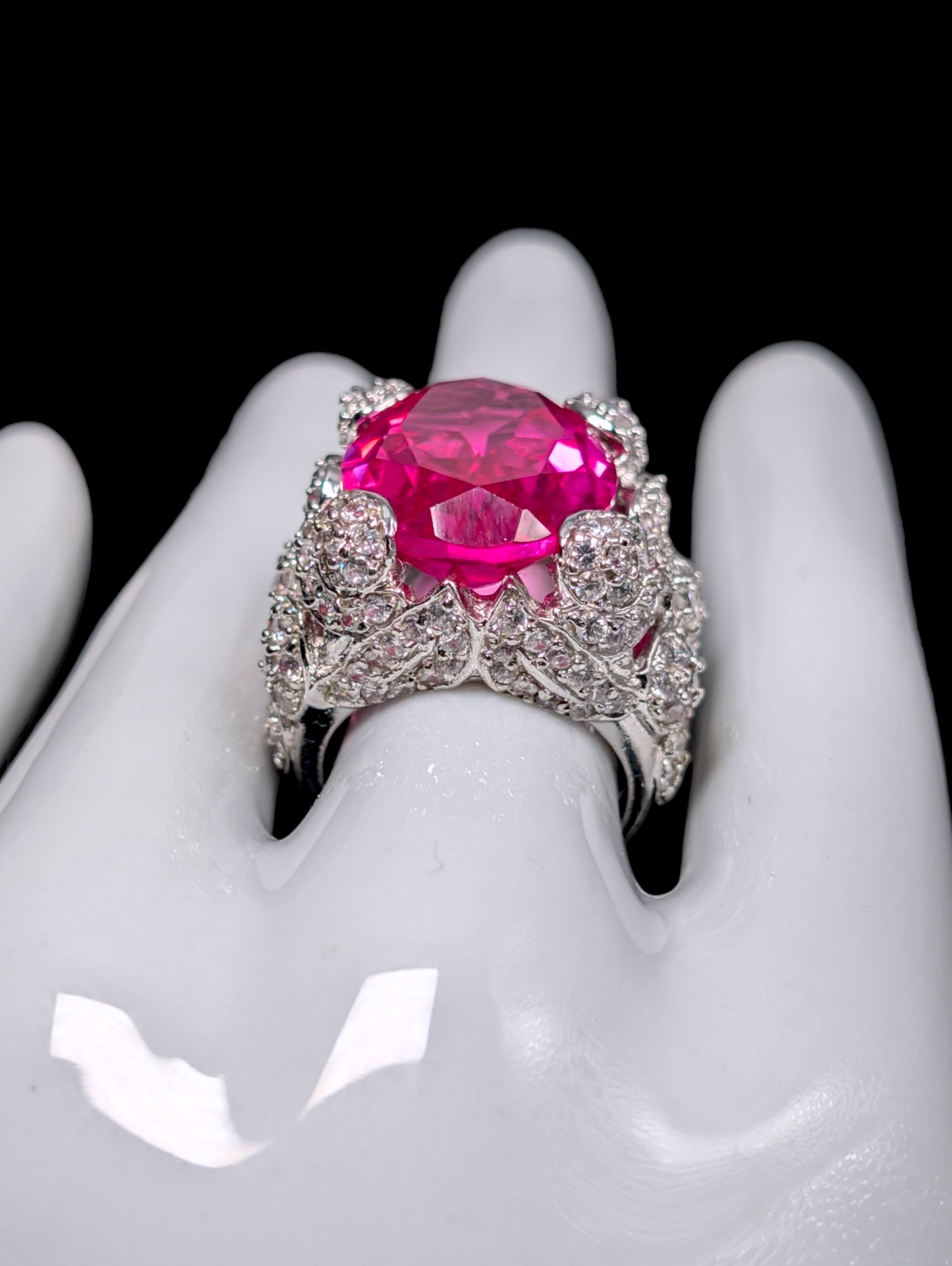 Vintage Georgian Inspired Large Genuine Pink Sapphire and Simulated Diamond Statement Cocktail Sterling Silver Ring
