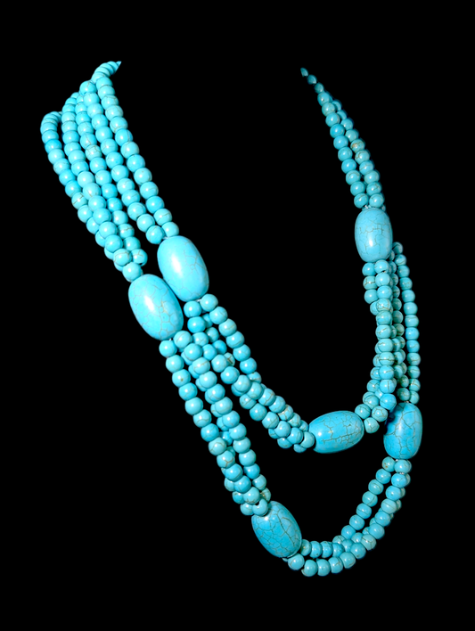 Vintage Large Beaded Multi-Strand Genuine Howlite Imitation Turquoise Extra Long Necklace