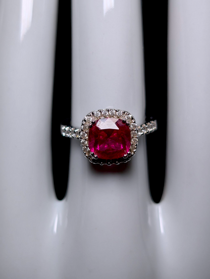 Vintage Cushion Cut Genuine Ruby Solitaire with Simulated Diamond Halo Sterling Silver Ring