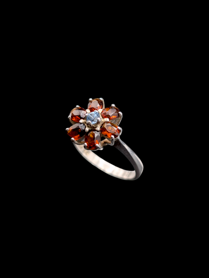 Vintage Flower Genuine Hessonite Garnet with Aqua Center Sterling Silver Ring