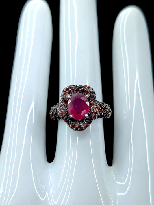 Vintage Earth Mined Genuine Ruby Solitaire and Spessartite Garnet Clustered Flower Mount Rhodium over Sterling Silver Ring