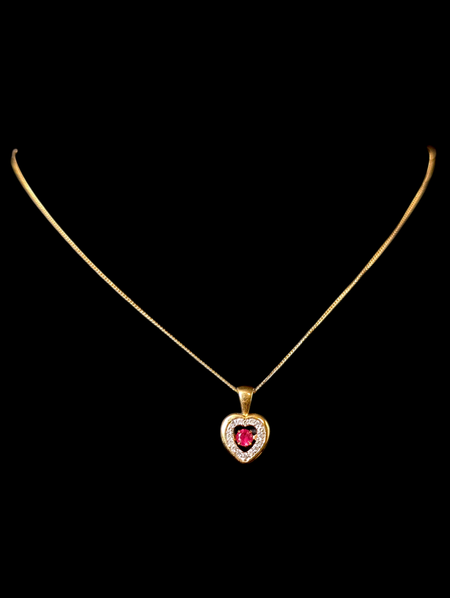 Vintage Genuine Ruby and White Topaz Halo Heart Pendant 14K Yellow Gold over Sterling Silver Delicate Chain Necklace