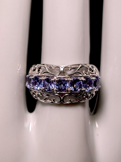 Vintage Row Round Cut Genuine Tanzanite and Filigree Sterling Silver Statement Band Ring