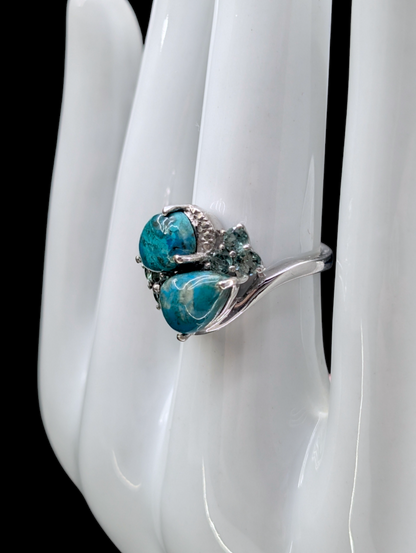 Vintage Genuine Kingsman Turquoise Double Pear Cut with Blue Green Tourmaline Accents Sterling Silver Ring