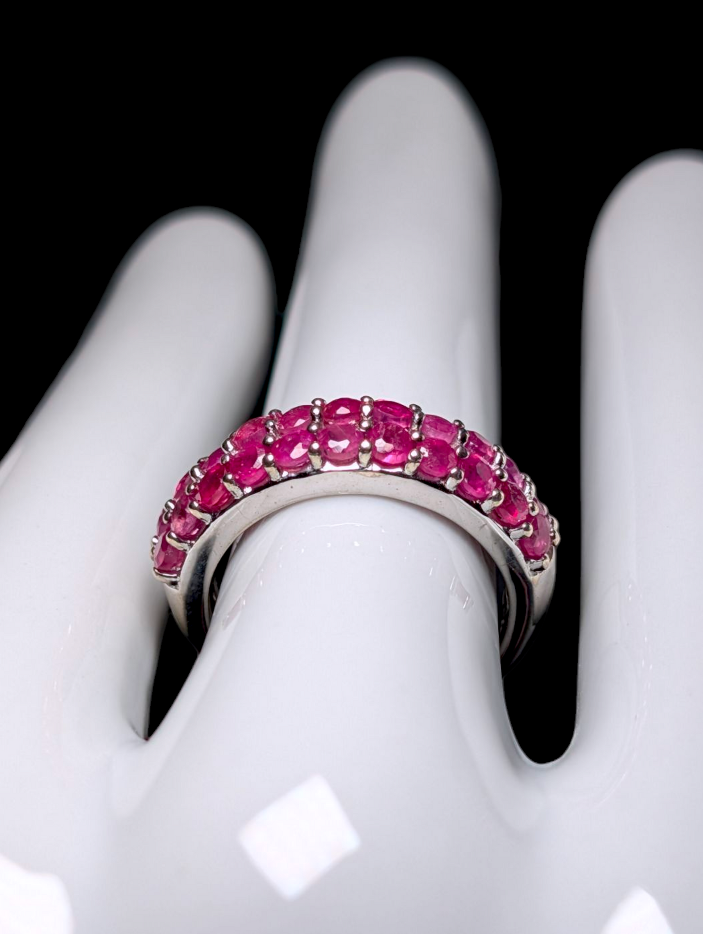 Half Eternity Double Row Earth Mined Genuine African Red Ruby Sterling Silver Band Ring