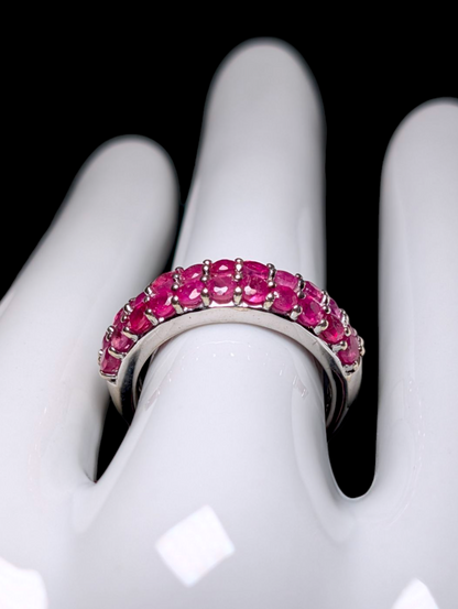 Half Eternity Double Row Earth Mined Genuine African Red Ruby Sterling Silver Band Ring