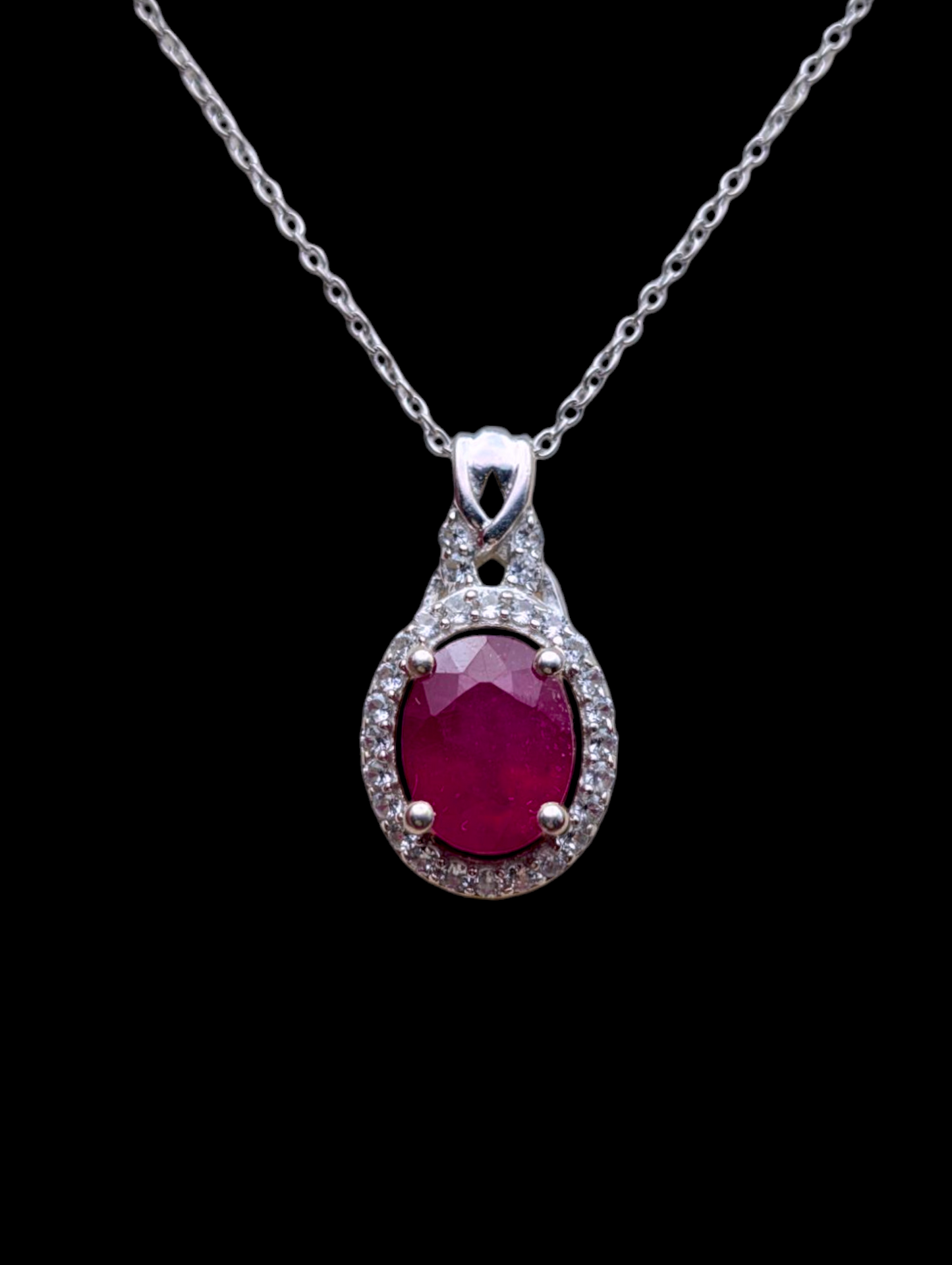 Vintage 5+ Carats Earth Mined Genuine Ruby and Diamond Halo Necklace, Ring and Earrings Sterling Silver 3 Piece Set