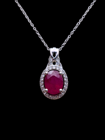 Vintage 5+ Carats Earth Mined Genuine Ruby and Diamond Halo Necklace, Ring and Earrings Sterling Silver 3 Piece Set
