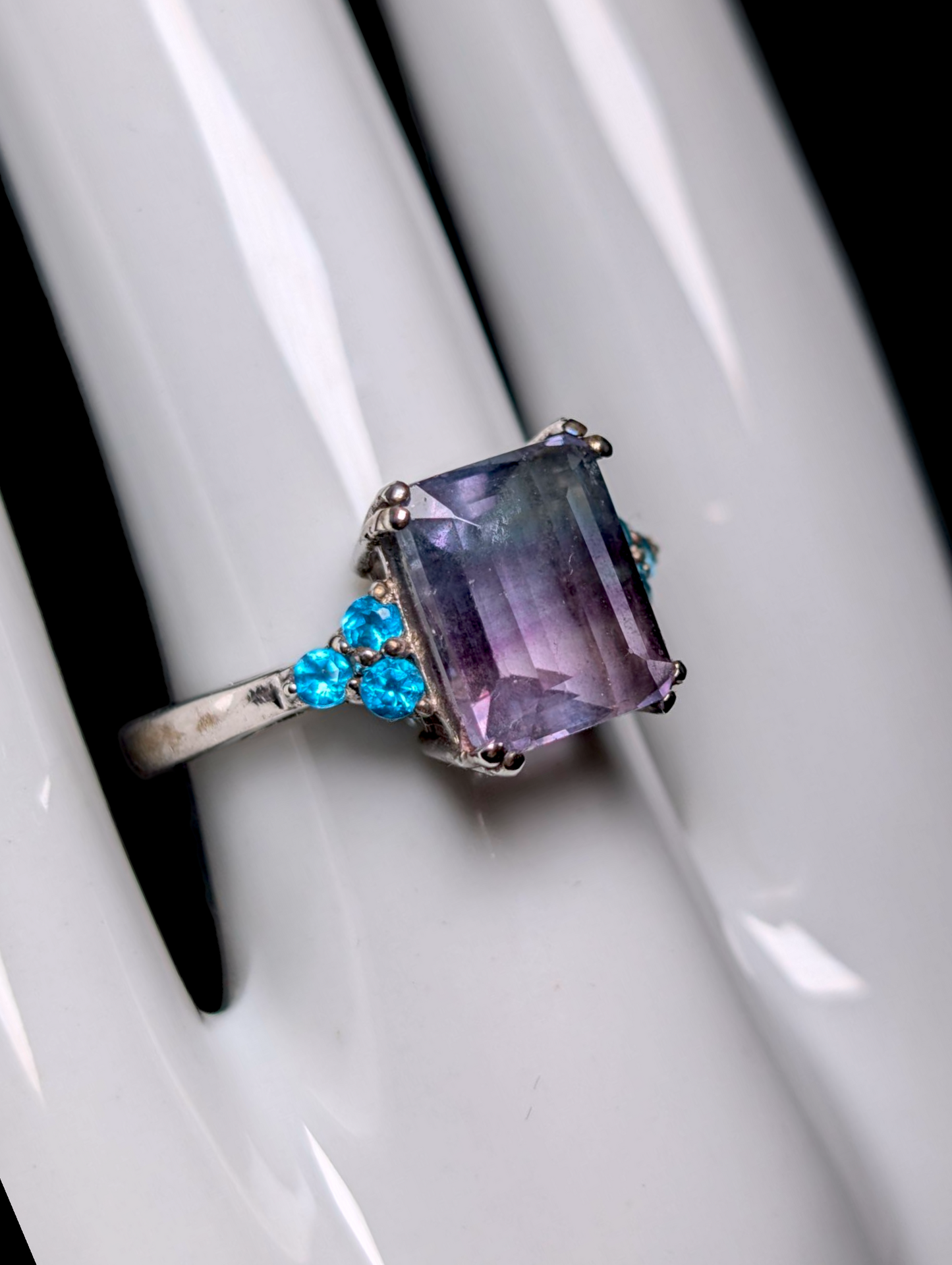 Vintage Emerald Cut Genuine Bi Color Fluorite with Malgache Neon Apatite Accent Stones Sterling Silver Ring