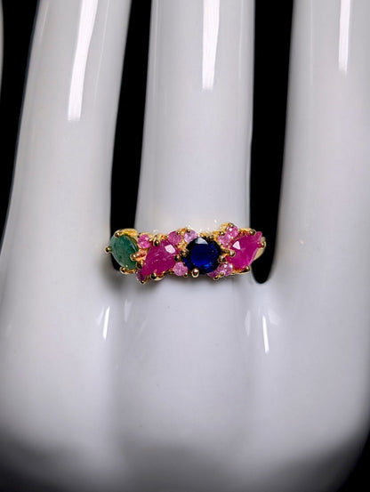 Vintage Row of Genuine Ruby, Emerald and Sapphire Gold over Sterling Ring