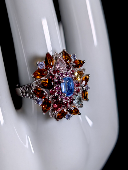 Vintage Cluster Starburst Multi-Gemstone Genuine Kyanite and Tourmaline Sterling Silver Statement Ring