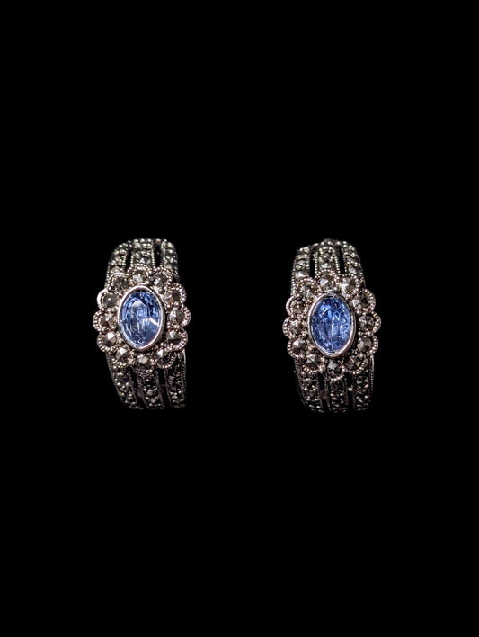 Vintage Avon Simulated Topaz and Marcasite Huggie Silver Tone Earrings
