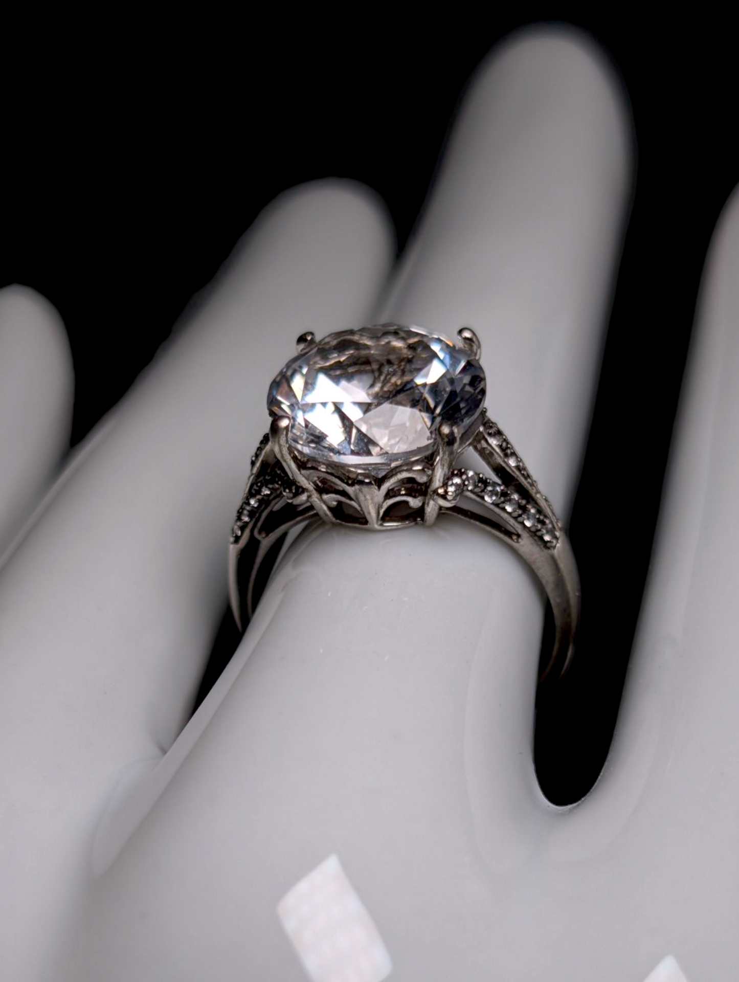 Vintage Large 6+ Carat Brilliant Round Cut Genuine White Sapphire Solitaire and Topaz Accent Sterling Silver Ring