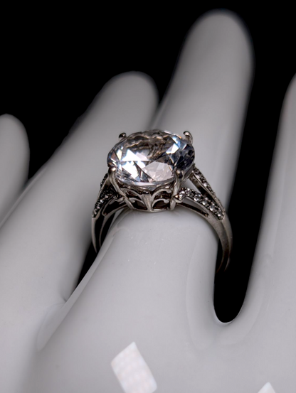 Vintage Large 6+ Carat Brilliant Round Cut Genuine White Sapphire Solitaire and Topaz Accent Sterling Silver Ring